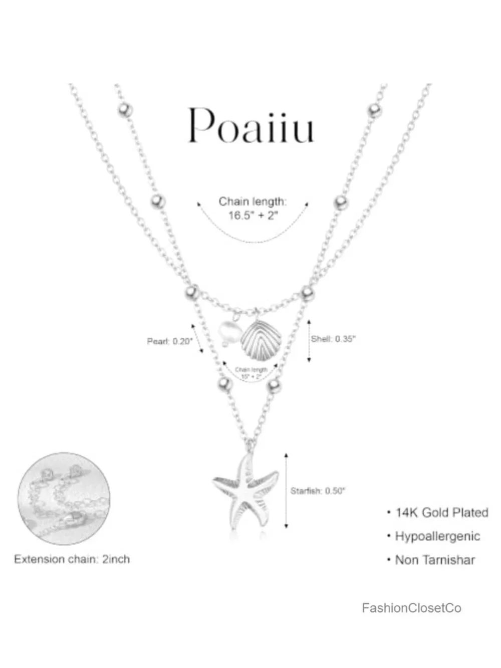 White Gold Plated Brass Shell Starfish Pearl Layered Necklace Waterproof